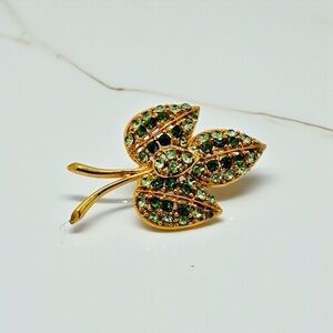 Vintage Gold Tone Leaf Brooch with Emerald Green and Chartreuse Accents
